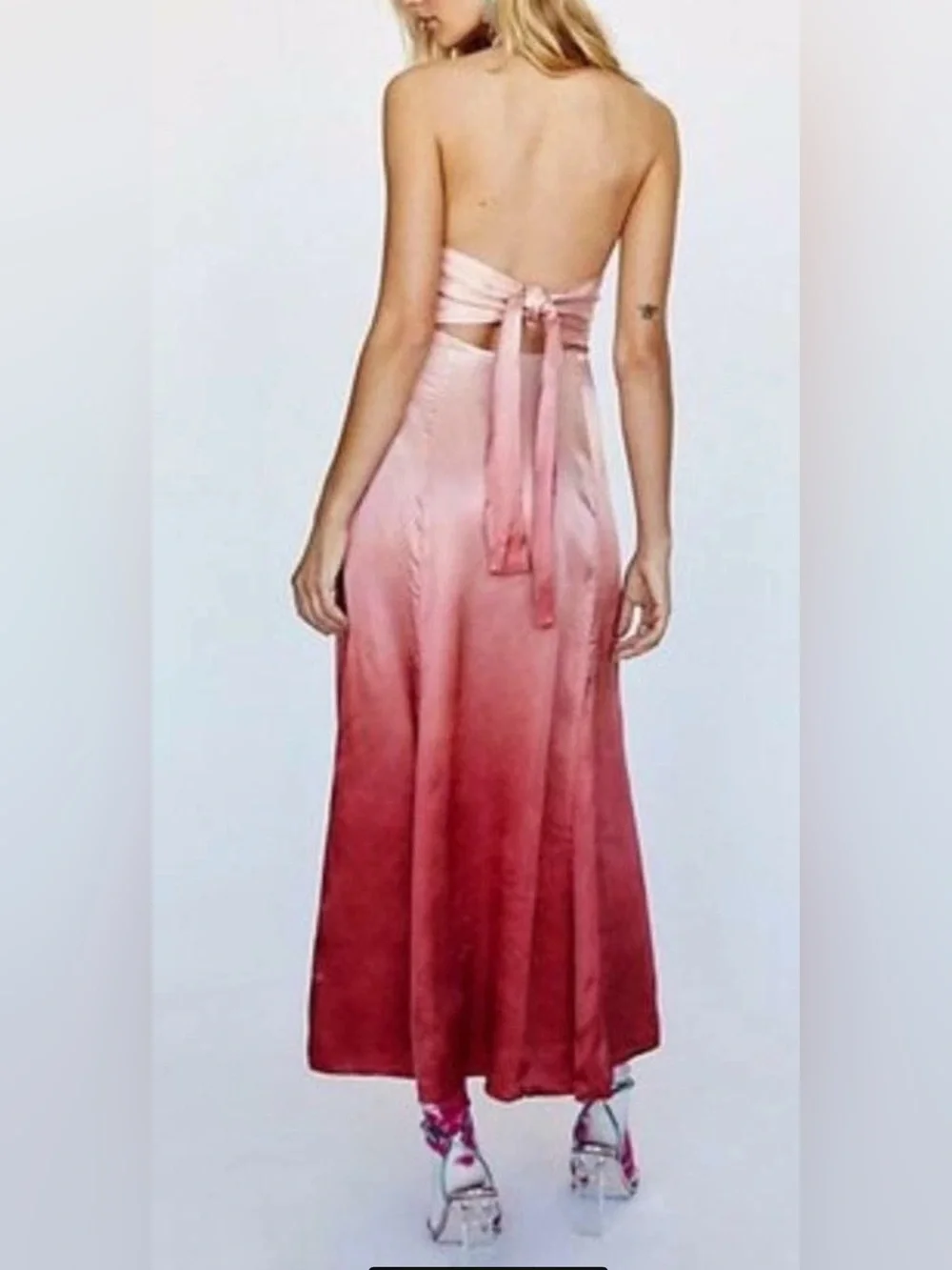 NWT’s Free People Sunset Pink Rose Midi Halter Satin Dress Size 6 Fairy Wedding